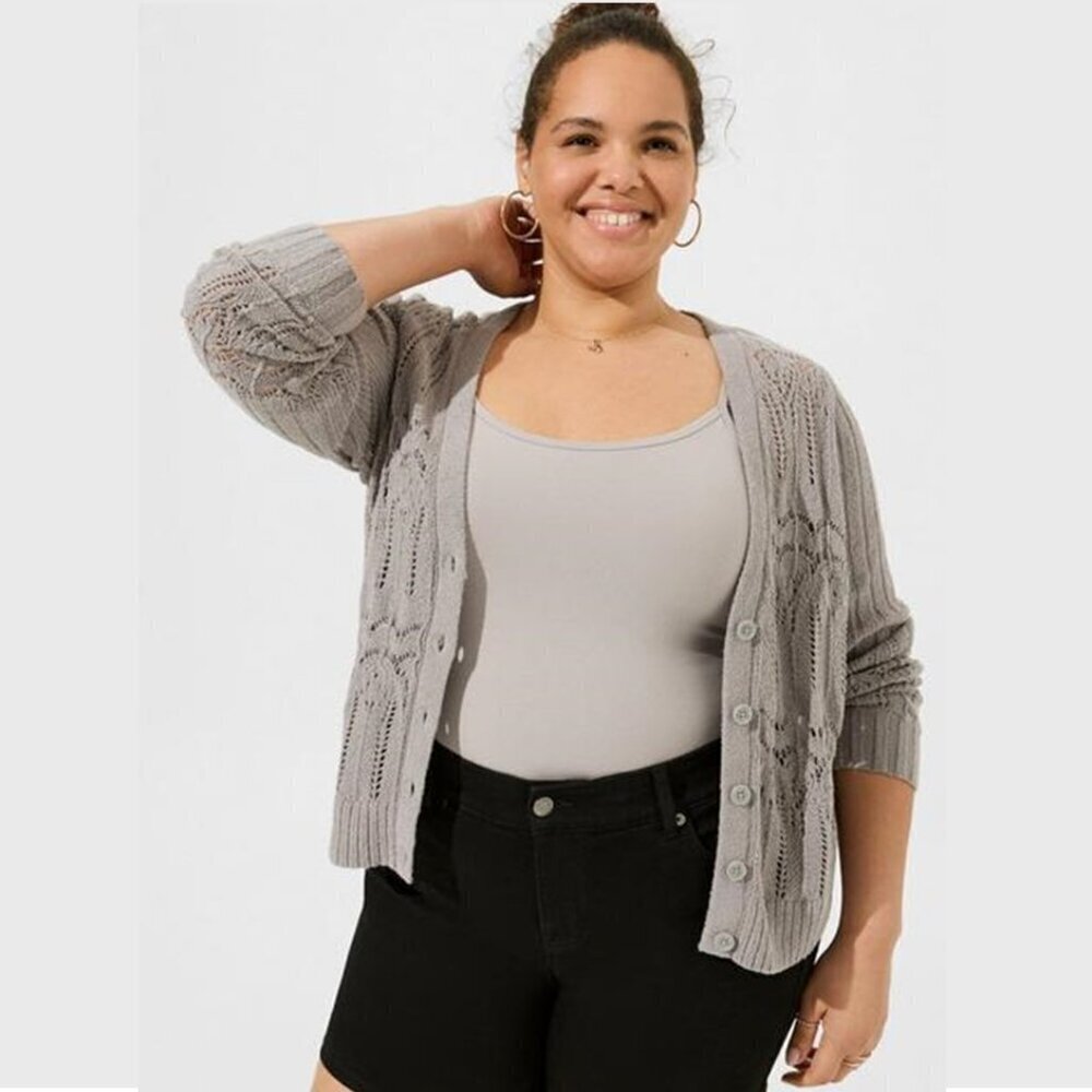 Torrid - Pointelle Cardigan V-Neck Sweater in Formal Gray​​​​ - Picture 10 of 12